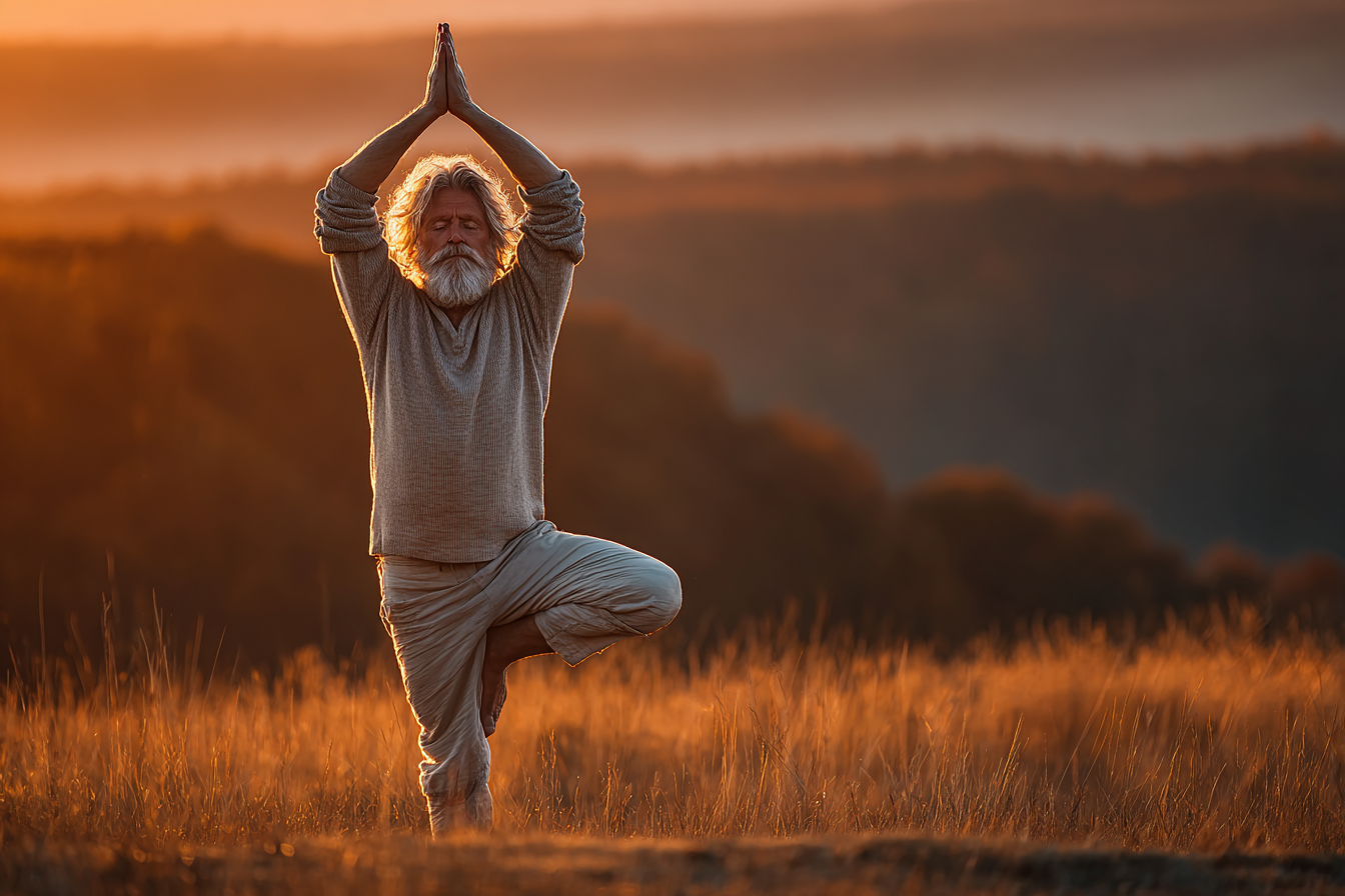 Група людей старшого віку займається йогою в затишній студії